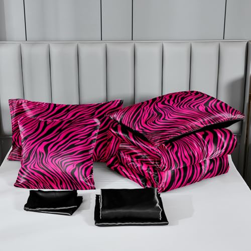Zebra Print Bedding Set Hot Pink Satin Comforter with Sheets Zebra Stripe Animal Print Africa Wildlife Theme Silk Like Silky Bed in A Bag Black Pink Comforter Sets Bedorm