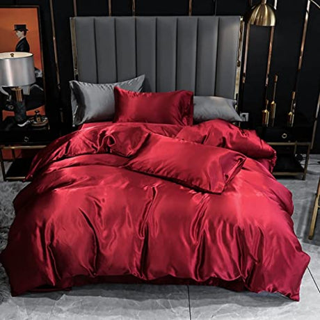 Satin Bedding Set Full Wine Red Silk Like Satin Duvet Cover Set Luxury Soft Burgundy Comforter Cover Adults Bedroom Decor Chic Luxurious Silky Bedspread Cover Zipper (1 Duvet Cover + 2 Pillow Case) Feelyou