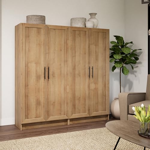 Prepac Natural Oak Elite 65" Tall Accent Kitchen Pantry Cabinet, Craft or Bathroom Storage Cabinet, Buffet Storage with Panel Doors, 3 Shelves, 32" W x 16.75" D x 65" H, Ideal for Home Organization Prepac