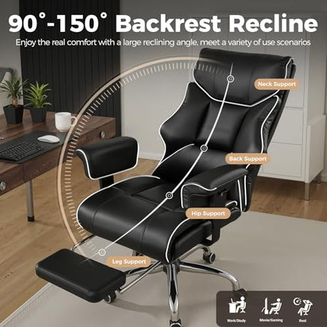 COMHOMA Big and Tall Office Chair 400lbs High Back Gaming Chair with Ergonomic Lumbar Support & Pocket Spring Cushion for Lower Back Pain Relief, Leather Executive Chair with Foot Rest, White/Black COMHOMA