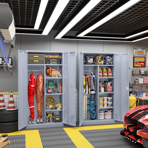 Greenvelly Metal Wardrobe Closet with Doors and Hanging Rod, 72” Lockable Steel Storage Wardrobe Bedroom Storage Cabinet, Clothes Closet for Home, Office and Bedroom, School,Gym(Dark Gray) Greenvelly