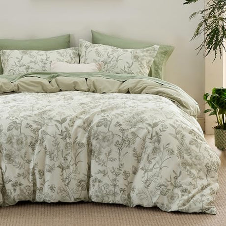 Bedsure Duvet Cover Queen Size - 100% Cotton Reversible Floral Queen Duvet Cover Set with Zipper Closure, 3 Pieces Soft & Breathable Botanical Green Bedding Set with 2 Pillow Shams 20"x26" Bedsure