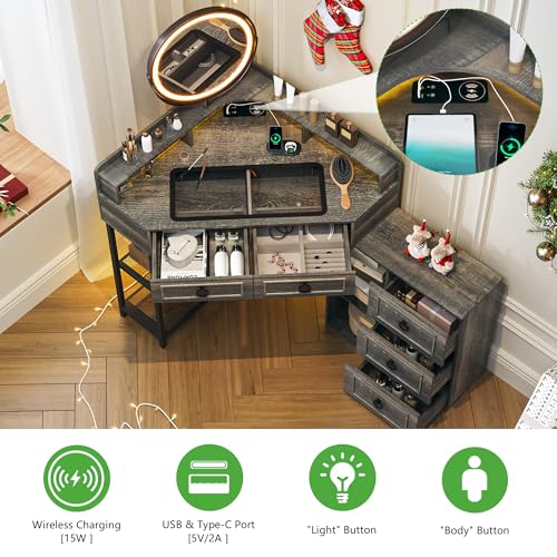 WOOVIVS Corner Vanity Desk with Lighted Rotating Mirror, Glass Top Makeup Table with 5 Drawers, Small Vanitys with Charging Station,Jewelry Organizers for Bedroom,Brown WOOVIVS