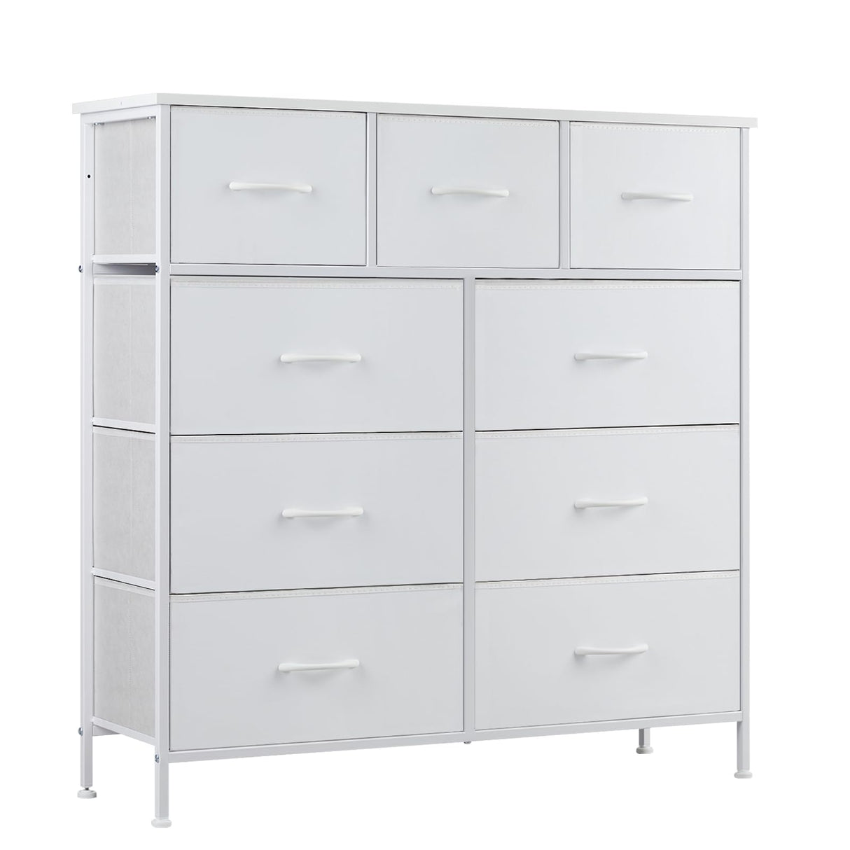 DUMOS Dresser for Bedroom, Storage Organizer with 9 Drawers, Chest of Drawers with Fabric Bins, Sturdy Metal Frame, Wood Tabletop for Guest Room, Closet, Entryway, Nursery DUMOS