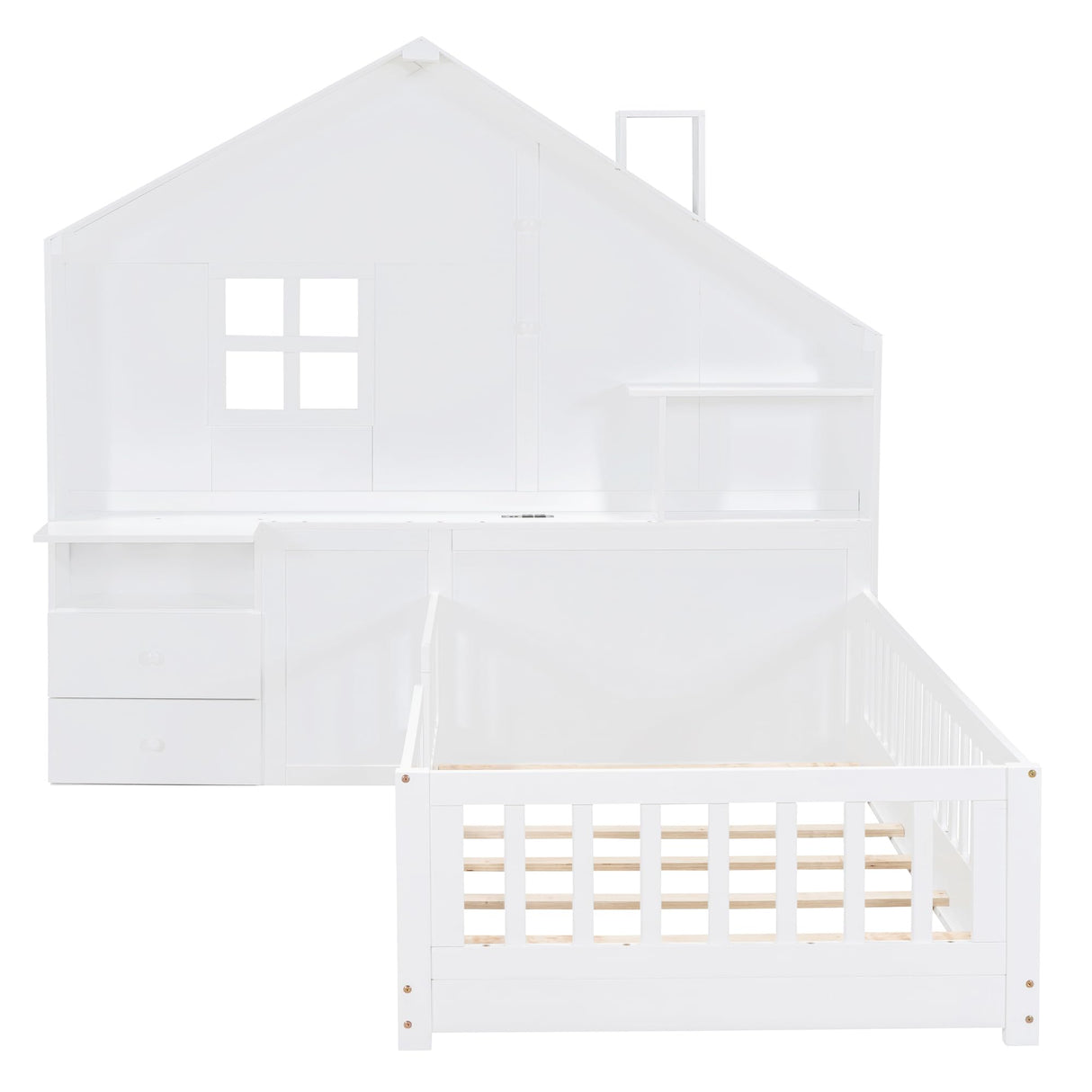Harper & Bright Designs White Twin Montessori Floor Bed with House-Style Headboard, Storage Drawers, Shelves, and USB Ports Harper & Bright Designs