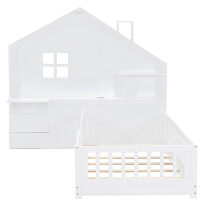 Harper & Bright Designs White Twin Montessori Floor Bed with House-Style Headboard, Storage Drawers, Shelves, and USB Ports - WoodArtSupply