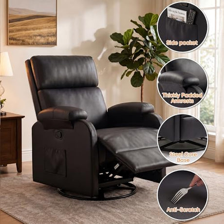 Flamaker Rocking Chair for Nursery, 360 Swivel Rocker Recliner with Vibration Massage, PU Leather, Adjustable Backrest, for Living Room, Bedroom (Black) Flamaker
