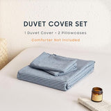 Wake In Cloud - Striped Cotton Duvet Cover Set, 100% Washed Cotton Textured Percale Bedding Set, Ticking Stripe Pinstripe Farmhouse, 3 Pieces, Denim Blue, Twin Size Wake In Cloud