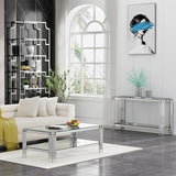 SSLine Modern Luxury Console Table Rectangular Glass Accent Entryway Table for Hallway Living Room, 2-Tier Storage, Silver Stainless Steel Frame Design SSLine