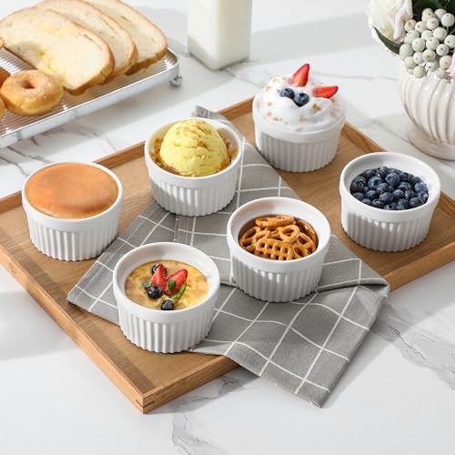 MALACASA Ramekins 6 oz Oven Safe, Porcelain Creme Brulee Ramekins Pudding Custard Cups Small Ceramic Souffle Dishes Ramakan Ramiken Ramicans Baking Bowls Set of 6, White, Series RAMEKIN-DISH MALACASA