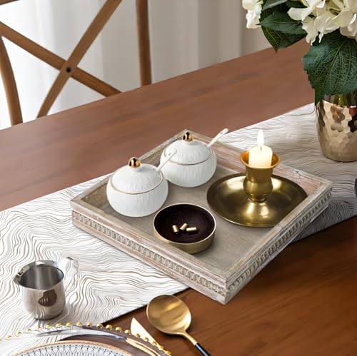 MAONAME Wood Decorative Tray, Farmhouse Wooden Tray for Coffee Table, Rustic Square Tray with Beads, Washed White Serving Tray for Living Room, Kitchen, 12" X 12" X 1.6" MAONAME