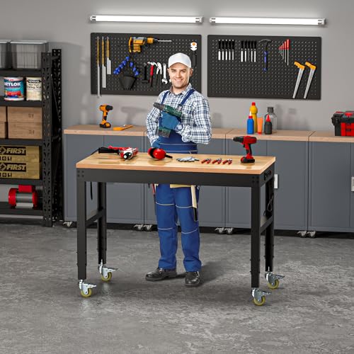 Hombanyan Heavy Duty Workbench Adjustable, Solid Wood Working Bench, Work Tables with Power Outlets for Home Office, 2000 Lbs Capacity (48 inch with Wheels) Hombanyan