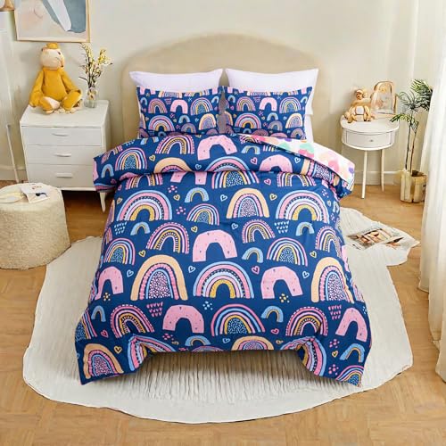 Btargot Lightweight Soft 3 Piece Rainbow Comforter Set with 2 Pillow Covers, Cartoon Love Hearts Suns and Stars Bedding Set for Girls Boys Kids, Twin Dark Blue Btargot