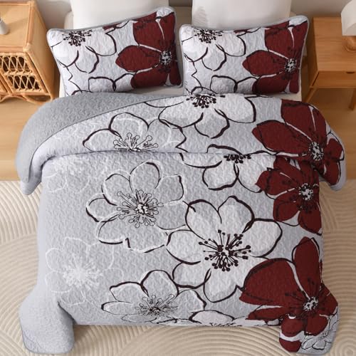 Luxudecor Floral Quilt Set Queen 3 Pieces Red Flower Quilt Coverlet Set with 2 Pillow Cases, Lightweight Soft Microfiber Reversible Boho Bedspread for All Seasons 96"x90" Luxudecor