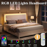 LUXOAK High Gloss Beige Bed Frame with Floating LED Headboard – Full Platform Design, Easy Assembly LUXOAK