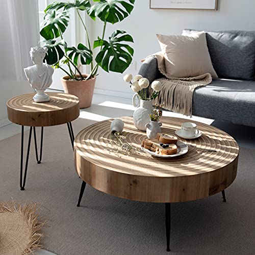 COZAYH 2-Piece Modern Farmhouse Living Room Coffee Table Set, Nesting Table Round Natural Finish with Handcrafted Wood Ring Motif, Wood Colour - WoodArtSupply