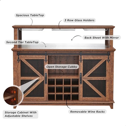 OKD Farmhouse Coffee Bar Cabinet with LED Lights, 55" Sideboard Buffet Table w/Sliding Barn Door & Wine and Glass Rack, Home Liquor Bar w/Storage Shelves for Dining Room,Reclaimed Barnwood - WoodArtSupply