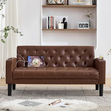 TYBOATLE 62" W Brown Leather Loveseat w/ 2 USB and 2 Cupholders, Mid-Century Modern Tufted Small Love Seat Couches for Office, Living Room, Bedroom, Dorm (1, Brown) TYBOATLE