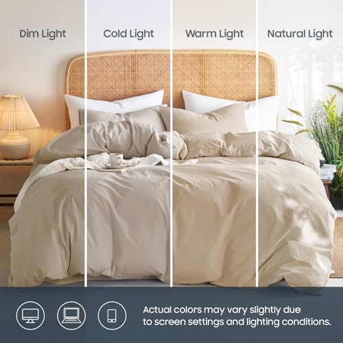 Wake In Cloud - Cotton Duvet Cover Set, Queen Size, Khaki Linen Color, 100% Washed Cotton, Linen Like Textured, Breathable Percale Durable Comfy Farmhouse Neutral Bedding Set, 3 Pieces Wake In Cloud