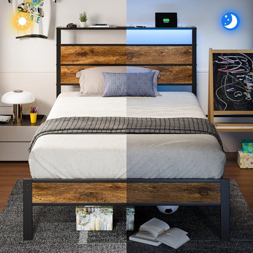 Liians Twin Bed Frame with Storage Headboard USB Charging Station, Smart LED Lights, Metal Platform Bed Easy Assembly, No Box Spring Needed Liians