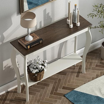 ChooChoo Narrow Farmhouse Console Table, Chic Accent Sofa Table, Entryway Table, Antique White & Brown