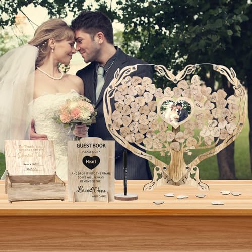 Heart Wedding Guest Book Alternative, Rustic Wooden Wedding Guest Book with Heart Picture Frame, Wedding Heart Guest Book Drop Box, Personalized - WoodArtSupply