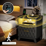 Gurexl 3-Color LED Night Stands Set of 2, Modern Nightstand with Charging Station&Human Body Sensing, 2-Drawer Wood Bedside Table for Bedroom,Black Gurexl