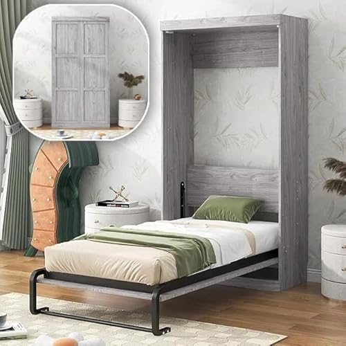 LUMISOL Twin Size Murphy Bed Frame, Solid Wood Foldable Wall Bed with Metal Frame Support, Cabinet Murphy Bed Frame, can be Folded into a Cabinet, Save Space, Gray LUMISOL