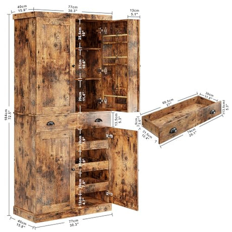 IRONCK Kitchen Pantry Cabinet with Sliding Storage Rack and 6 Hanging Shelves, 72" Height Tall Freestanding Cupboard for Living Room, Dining Room, Laundry, Vintage Brown IRONCK