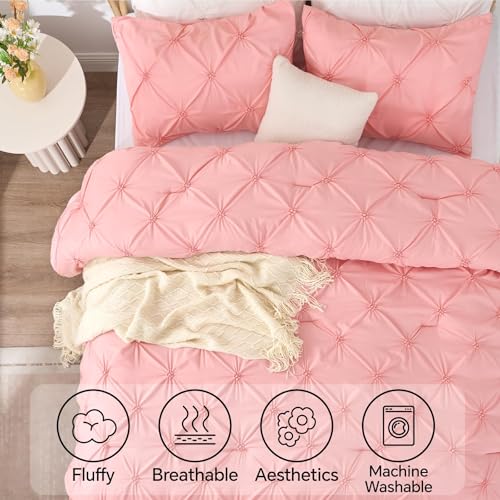 BEDELITE Pink Comforter Set Full - 3 Peices Boho Pintuck Bedding Comforter Sets, Lightweight Soft & Warm Twin Bedding Sets with 2 Pillowcase for All Season BEDELITE