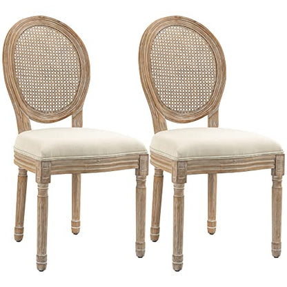 HOMCOM French-Style Upholstered Dining Chair Set, Armless Accent Side Chairs with Rattan Backrest and Linen-Touch Upholstery, Set of 2, Cream White - WoodArtSupply