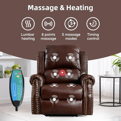 EBELLO Power Recliner Chair with Massage and Heat, Faux Leather Electric Massage Reclining Chair for Adults with Overstuffed Backrest and Side Pocket, Single Sofa for Living Room, Red Brown EBELLO
