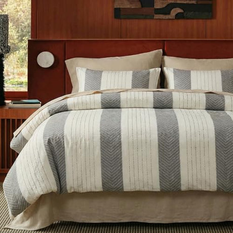 Cozaline 100% Cotton Tufted Duvet Cover Set King, Grey and White Striped Duvet Cover, Soft Breathable Comforter Cover with Zipper Closure, Modern Minimalist Bedding Set Cozaline