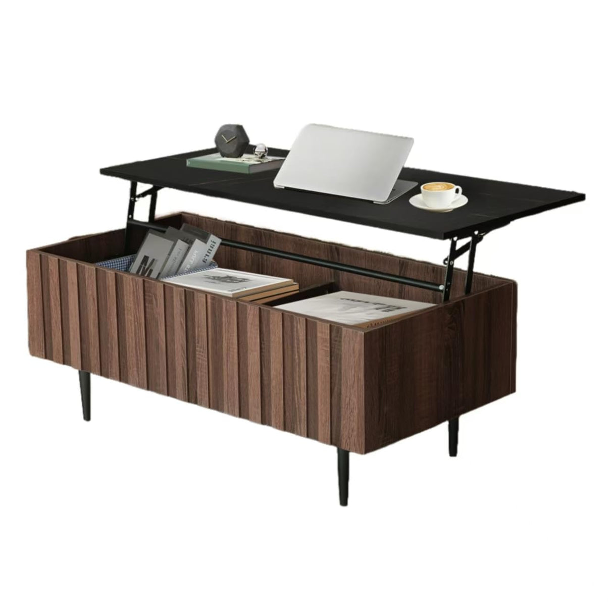 GIA Home Furniture Series 40" Lift-Top Coffee Table with Hidden Storage Compartments, Fluted Coffee Center Table for Living Room, Home Office, Black Marble Walnut GIA