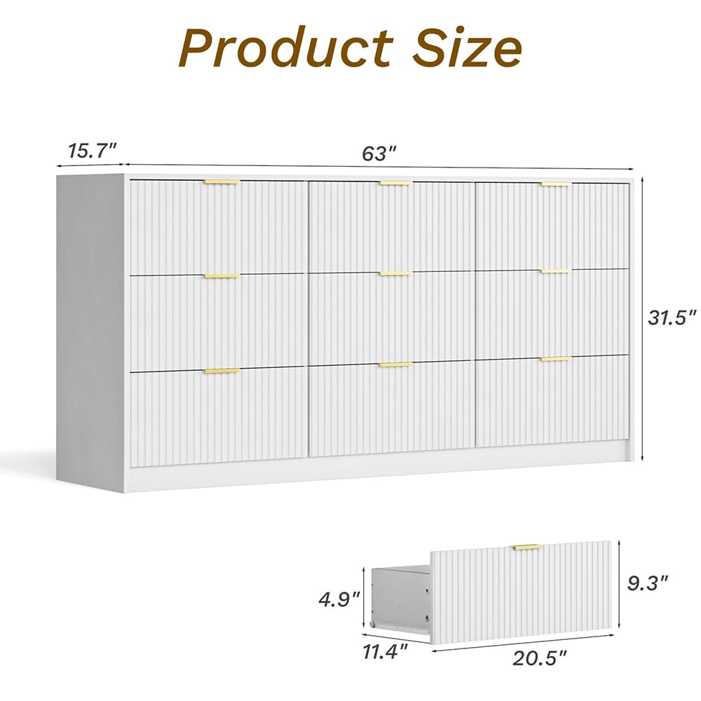 MAISONARIA White Dresser for Bedroom, 9 Drawer Double Dresser, Modern Chest of Drawers for Bedroom, Living Room, Entryway and Closet, 63" L x 15.7" D x 31.5" H MAISONARIA