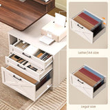 SEDETA Farmhouse Electric Standing Desk, 55" Height Adjustable Computer Desk with 3 Drawers, File Cabinet, Storage Shelves, Power Outlets, Wood Home Office Desk for Work, Study, Writing, White SEDETA