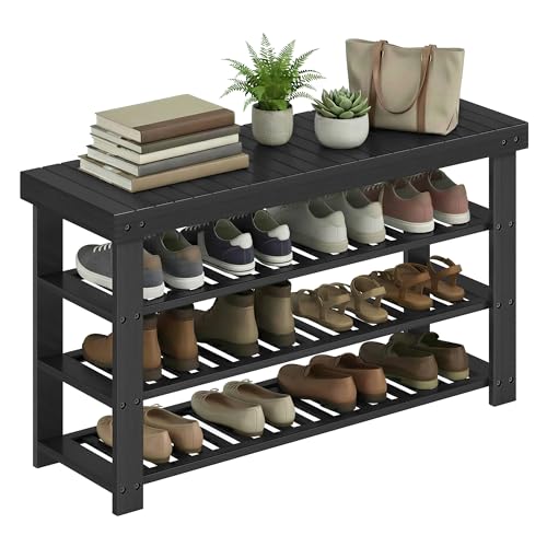 SONGMICS Shoe Rack Bench, 4 Tier Bamboo Shoe Storage Organizer, Entryway Bench, for Living Room, Bathroom, Bedroom, 11.3 x 35.2 x 20.5 Inches, Ink Black ULBS390BH01 SONGMICS