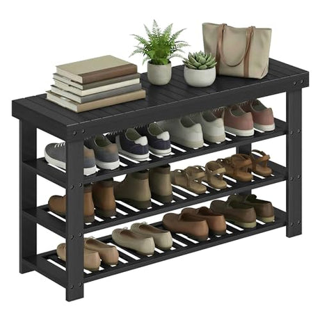SONGMICS Shoe Rack Bench, 4 Tier Bamboo Shoe Storage Organizer, Entryway Bench, for Living Room, Bathroom, Bedroom, 11.3 x 35.2 x 20.5 Inches, Ink Black ULBS390BH01 SONGMICS