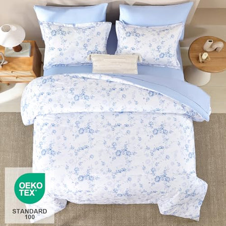 Luxudecor Floral King Comforter Set 7 Pieces Bed in a Bag, Blue Rose Romantic Flower Bed Set, Soft Reversible Comforter with Sheet Set 104"x90" Luxudecor