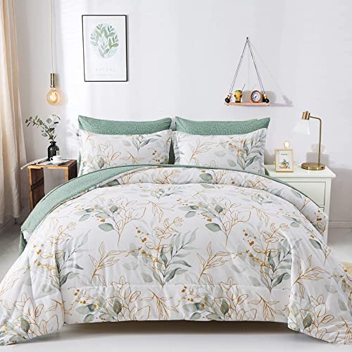 WONGS BEDDING Botanical Comforter Set Full, 7 Pieces Floral Reversible Bed in a Bag Green Leaves Bedding Set Soft Microfiber Full (1 Comforter,2 Pillowcase,2 Pillow Shams,1 Flat Sheet,1 Fitted Sheet) WONGS BEDDING