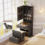 Gurexl 3 in 1 Small Vanity Desk with Lights and Mirror,Tall Lighted Compact Vanity with Charging Station,Makeup Vanity Set with Jewelry Armoire,Glass Top,Wheeled Stool with Storage,3 Drawers Gurexl