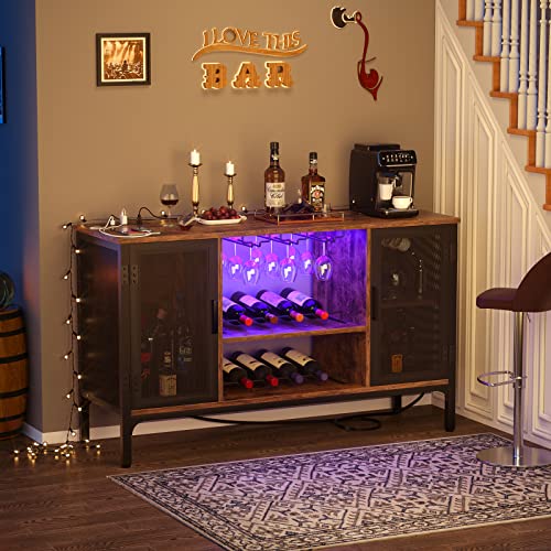 Homieasy Wine Bar Cabinet with Led Lights and Power Outlets, Industrial Coffee Bar Cabinet for Liquor and Glasses, Farmhouse Bar Cabinet with Removable Wine Racks, Rustic Brown Homieasy