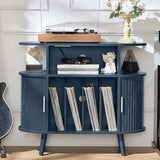 LELELINKY Large Round Record Player Stand with Charging Station & Fluted Panel,Navy Blue Mid Century Modern Turntable Cabinet with Vinyl Storage, Arched Wood Record Player Table for Living Room LELELINKY