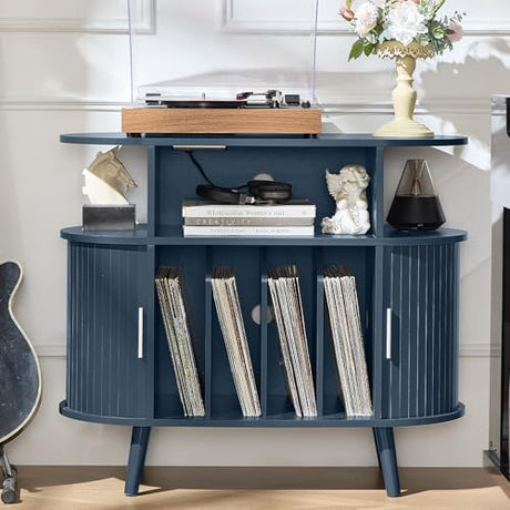 LELELINKY Large Round Record Player Stand with Charging Station & Fluted Panel,Navy Blue Mid Century Modern Turntable Cabinet with Vinyl Storage, Arched Wood Record Player Table for Living Room LELELINKY