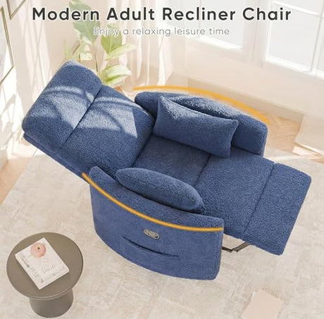 Flamaker Swivel Recliner Chair, Massage Nursery Rocking Chair with 2 Pillows, Comfy Single Sofa Glider Rocking Chair with Side Pockets for Living Room (Fabric, Blue) Flamaker