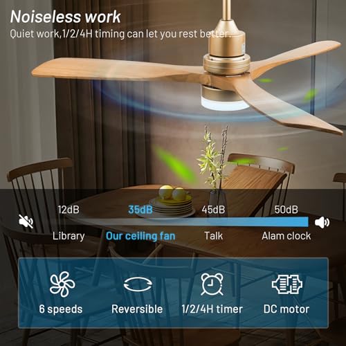 Baitai 52 inch Champagne Gold Luxury Style Ceiling Fan with Light Solid Wood Blade Noiseless Reversible Motor Dimmable Light Memory Living Room and Bedroom Ceiling Fan Baitai