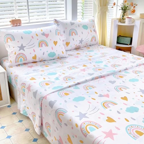 Homilay Full Sheet Set Kids - Rainbow 4 Pieces Soft Microfiber Cartoon Style Bedsheets for Boys Girls Teens, Oeko TEX, Breathable Deep Pocket Sheets(Rainbow) Homilay