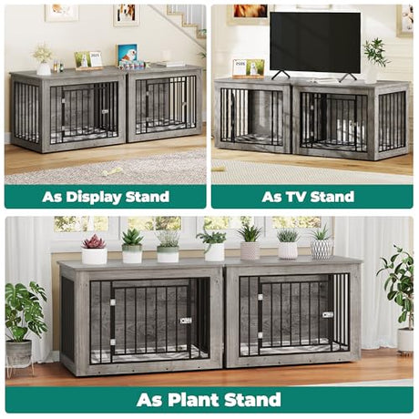 YITAHOME 76 Inch Double Dog Crate Furniture, XXL Dog Crate Furniture for 2 Dogs, Side End Table, Waterproof Top, Safety Corners, 2-in-1 Iron-Wood Fusion Dog Kennel Furniture for 2 Large Dogs,Greige YITAHOME