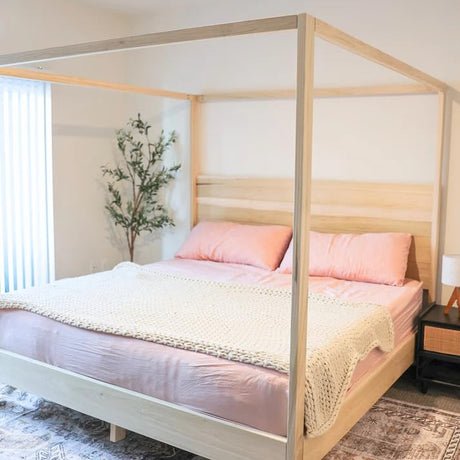 Purveyor 15 The Acadia Queen Canopy Bed, Solid Poplar Wood Bed Frame Without Headboard, All Natural & Strong Wood Bedframe with Wood Slat Support, Assembly Required, Queen Size Purveyor 15