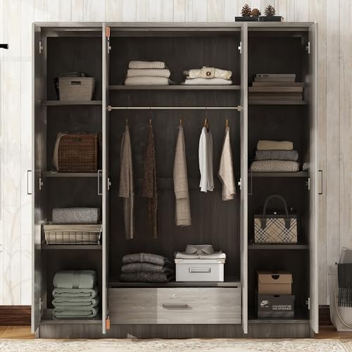 BIADNBZ Wardrobe Closet with Drawer, Hanging Rail and 4 Doors, Wooden Storage Clothes Cabinet w/Shelves for Bedroom Guest Room, 59.2" L x 19.2" W x 67.9" H, Gray BIADNBZ